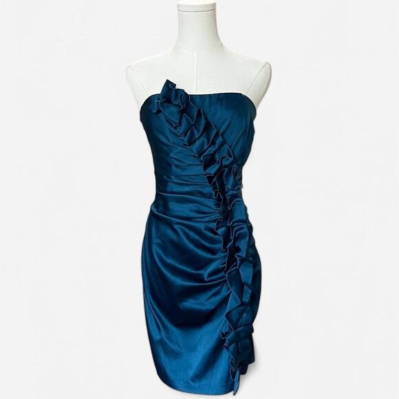 VTG Y2K Gunne Sax 2 Teal Blue Ruched Ruffle Strapless Mini Party Dress 5/XS - Picture 1 of 7